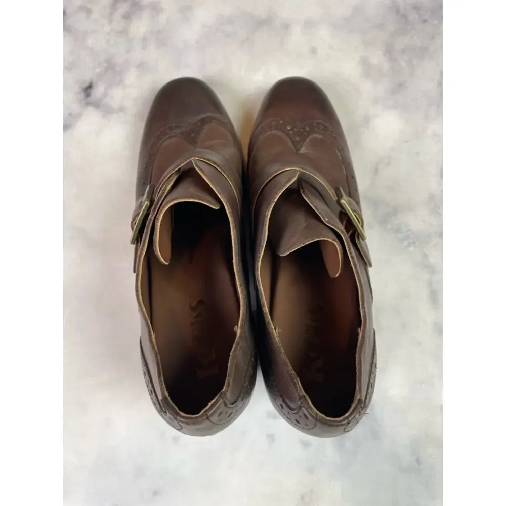 KORKS Withrow Monk Strap Block Heel Oxfords Brown Leather Wingtip Sz 9
